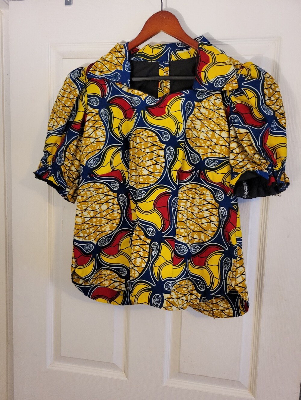 Handmade African Tribal Print Top Bold Navy, Red, Yellow Size Medium
